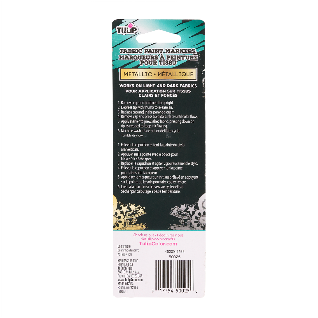 Picture of 50025 Tulip Fabric Paint Markers, Permanent, Metallic, Gold, Silver, Bleed Resistant, Works on Light and Dark Fabrics, Shoes, Canvas, Bullet Tip, 2 Pack, fabric can be washed