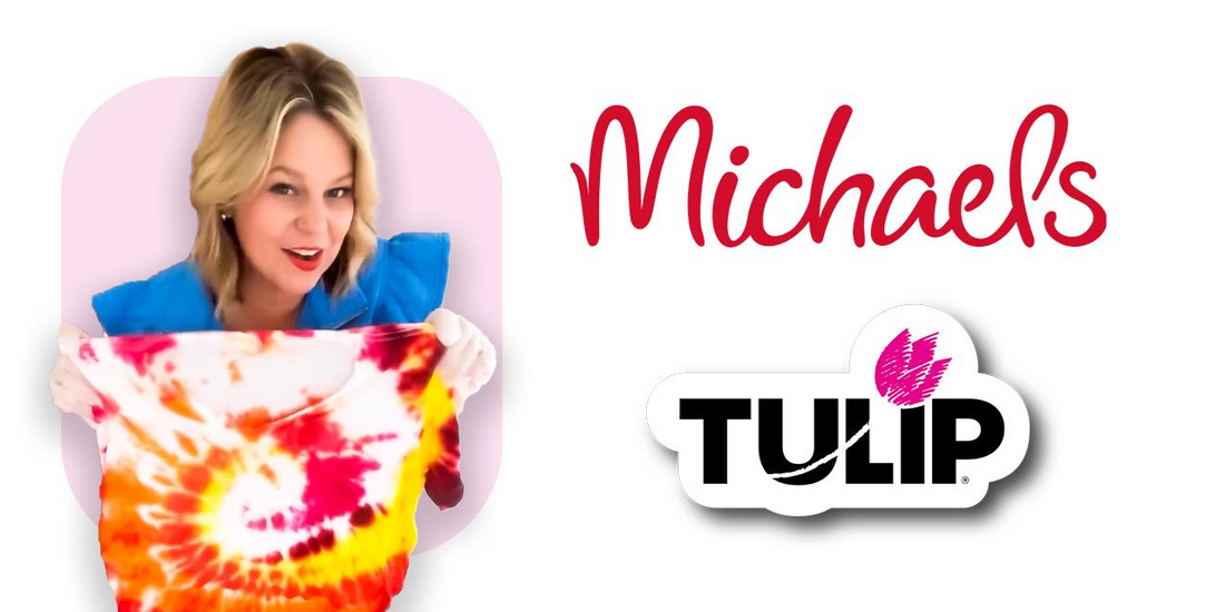 Michaels and Tulip logos with woman in blue top holding a tie dye shirt
