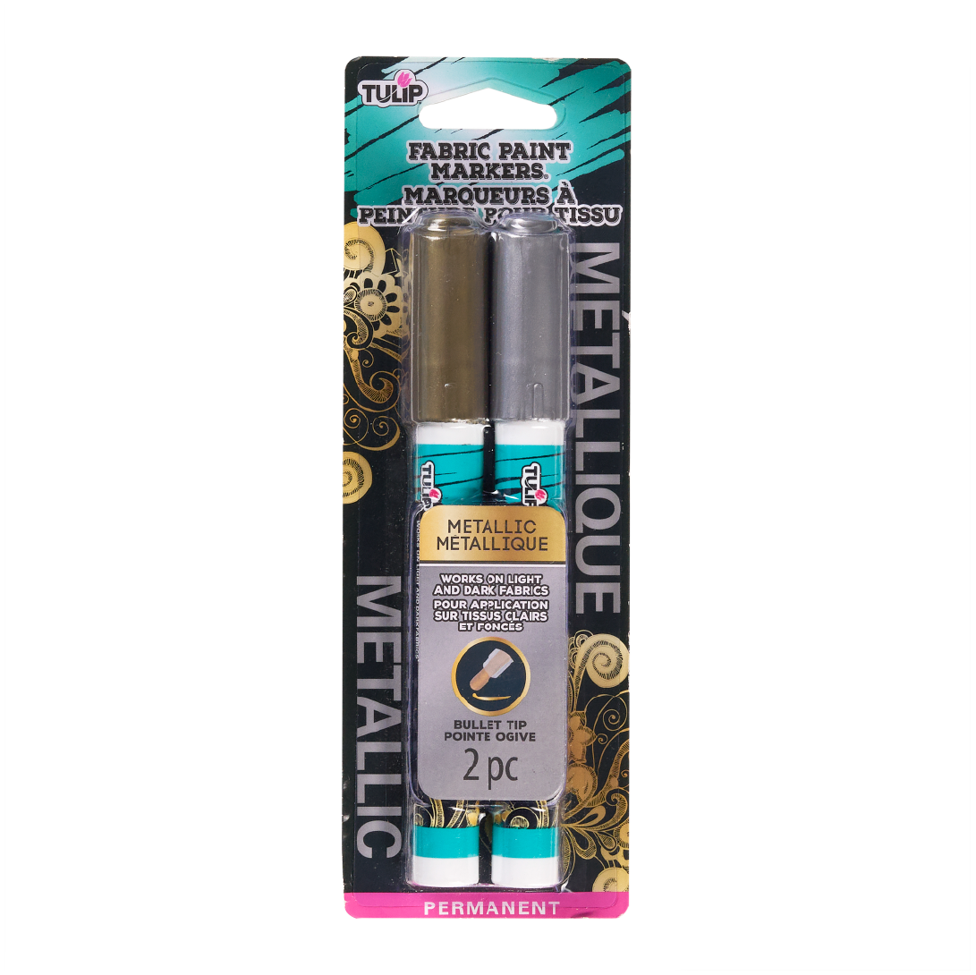 Picture of 50025 Tulip Fabric Paint Markers, Permanent, Metallic, Gold, Silver, Bleed Resistant, Works on Light and Dark Fabrics, Shoes, Canvas, Bullet Tip, 2 Pack, fabric can be washed