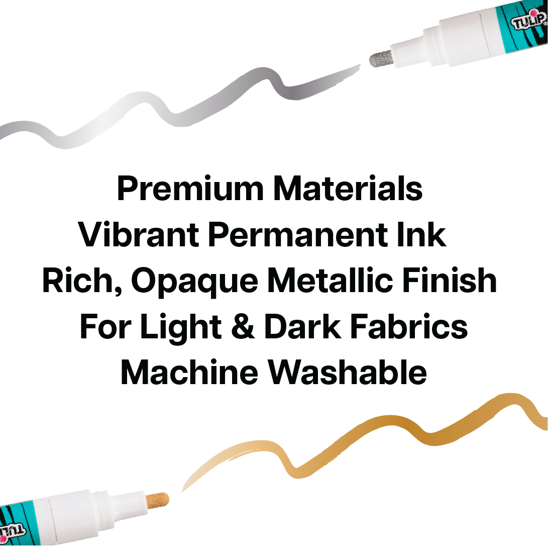 Picture of 50025 Tulip Fabric Paint Markers, Permanent, Metallic, Gold, Silver, Bleed Resistant, Works on Light and Dark Fabrics, Shoes, Canvas, Bullet Tip, 2 Pack, fabric can be washed